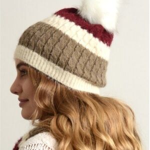 Ultra Soft Mohair Stripe Cable Knit Dark Red Brown Cream Beanie Pompom